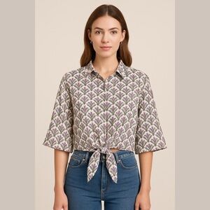 Zara Pineapple Jade Green Purple Satin Pajama Style Cropped Top front tie shirt